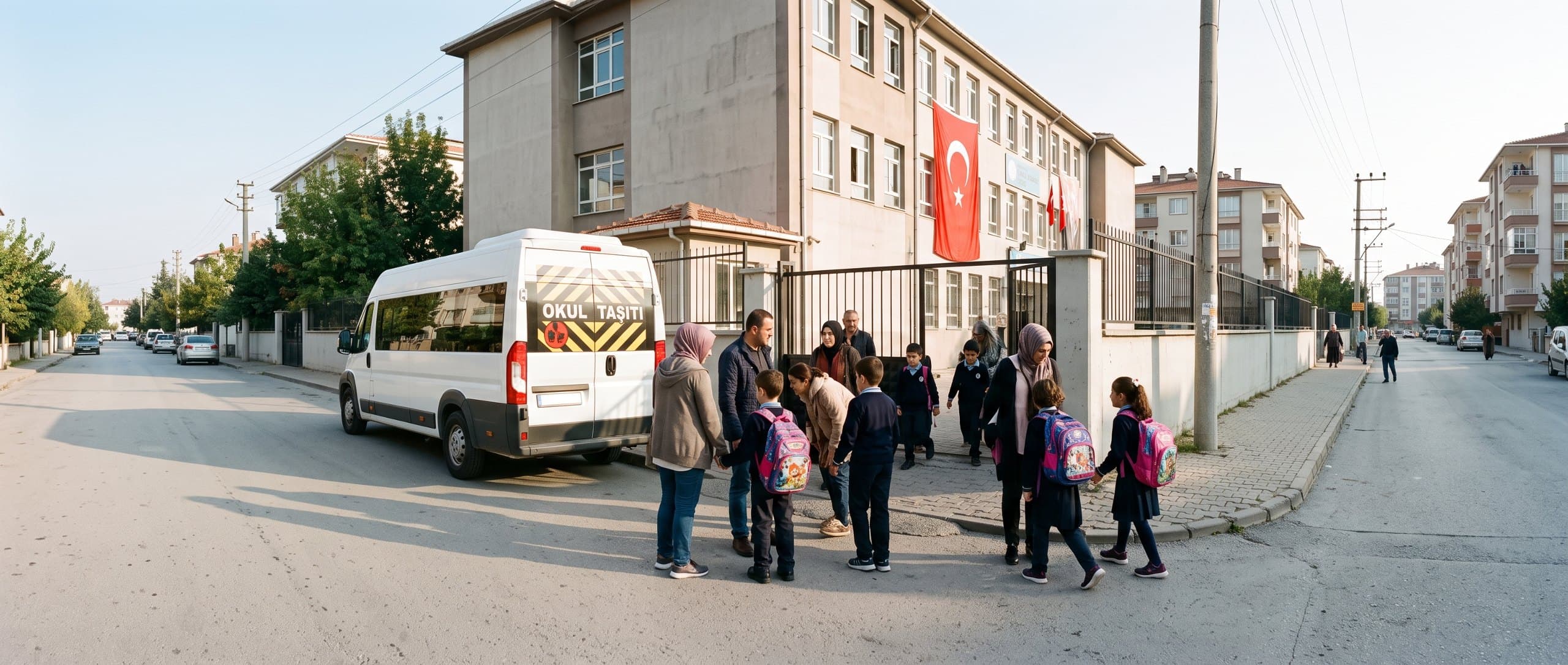 Okul kapısı önünde veliler, öğrenciler ve okul servisi