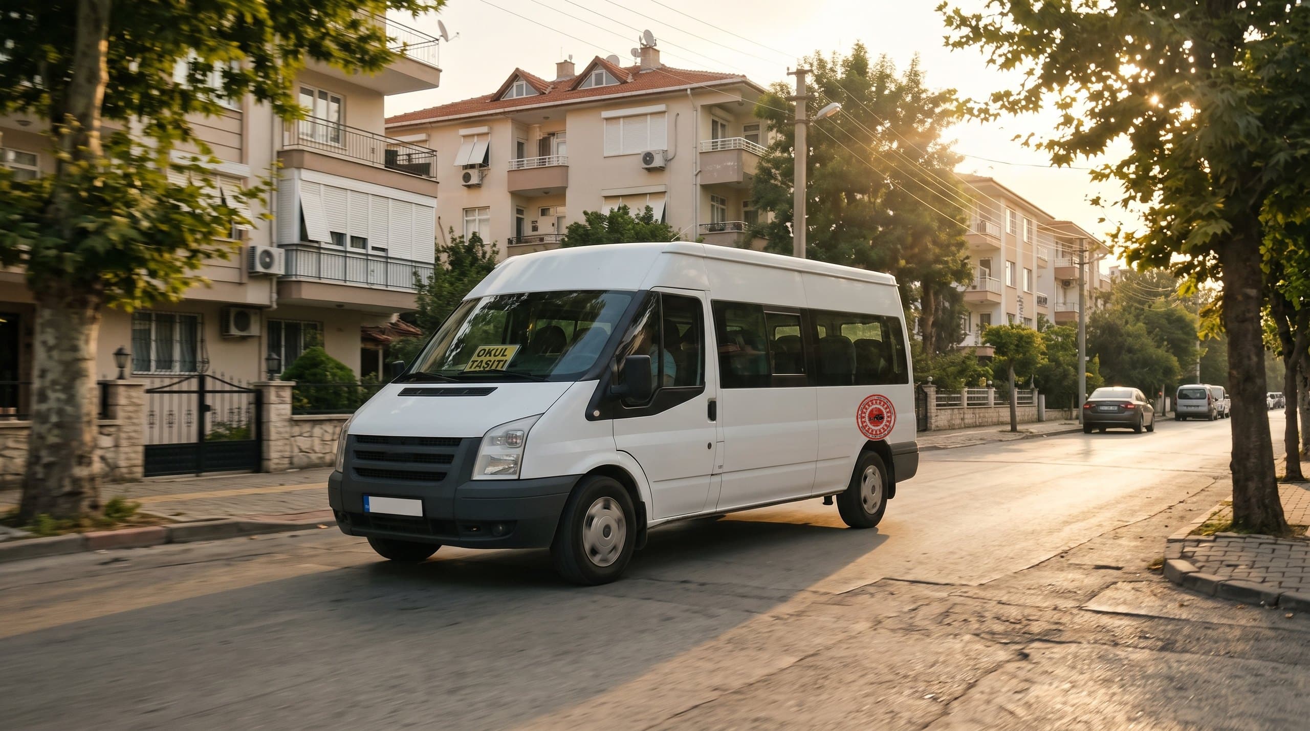 Kooperatif mühürlü beyaz okul servisi sabah sokakta