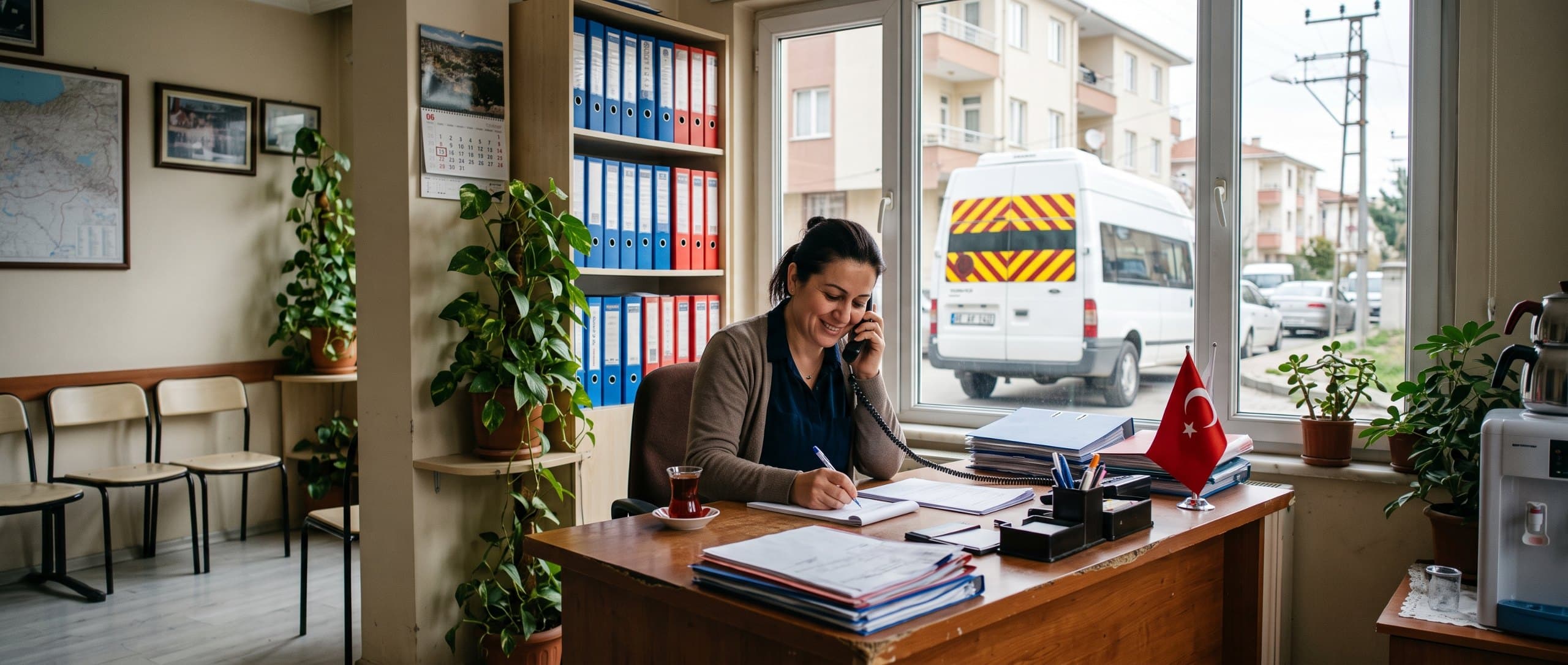 Kooperatif ofisinde telefonla görüşen çalışan, pencerede okul servisi