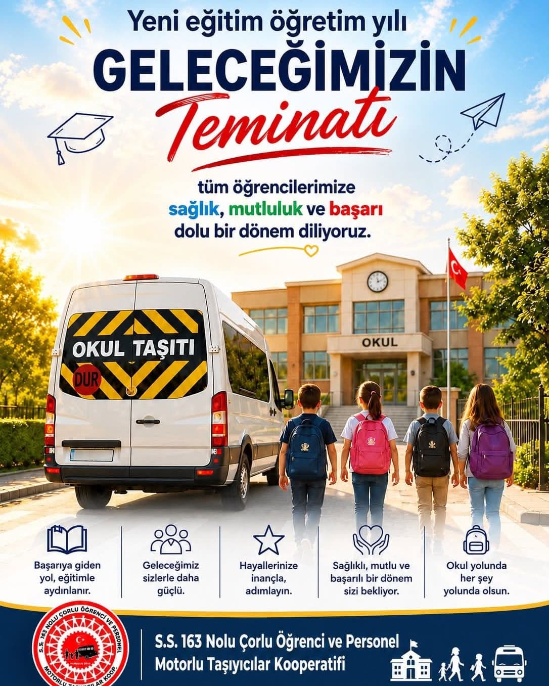 Yeni eğitim yılı için okul yolunda güvenlik afişi