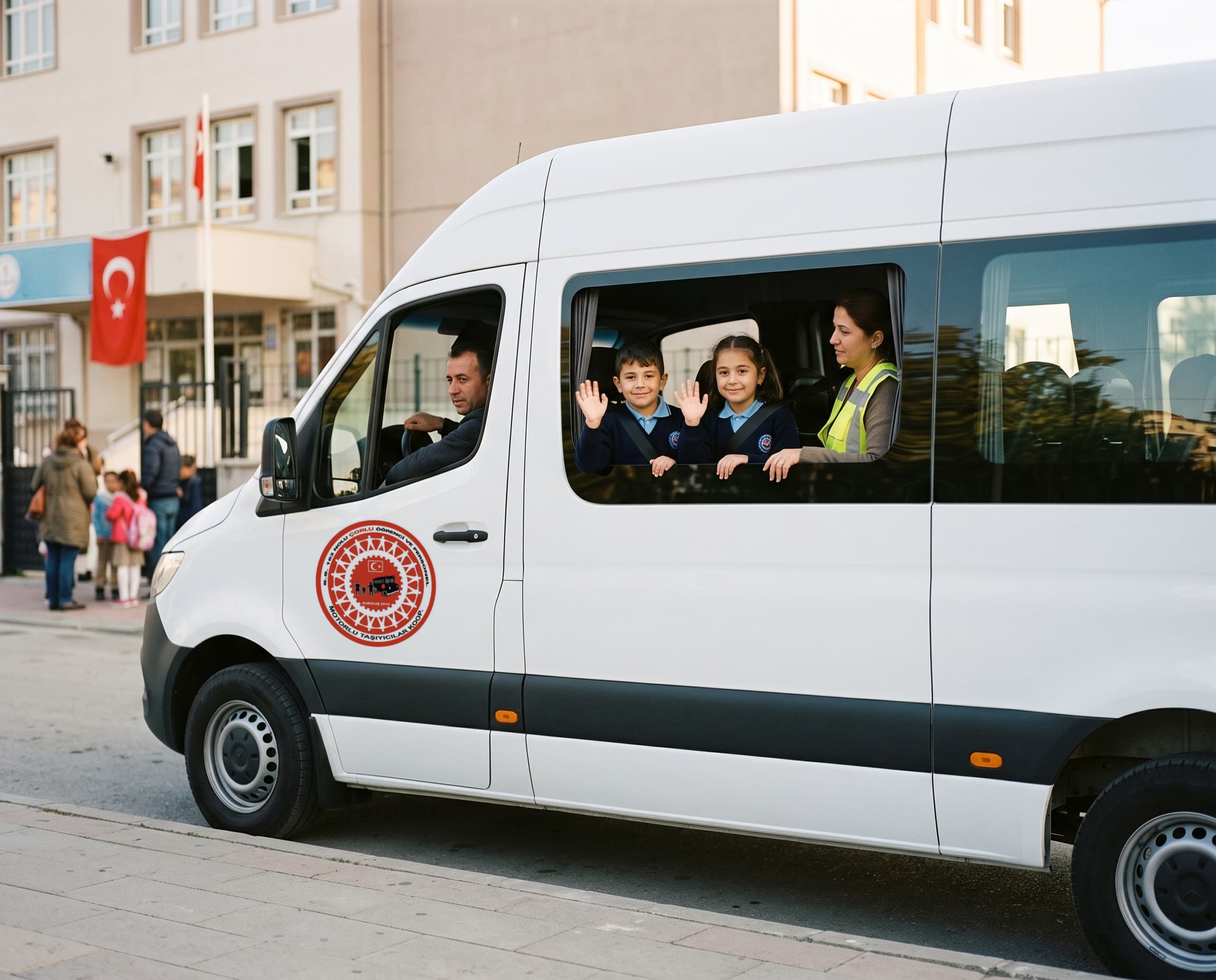 Servis penceresinden el sallayan öğrenciler