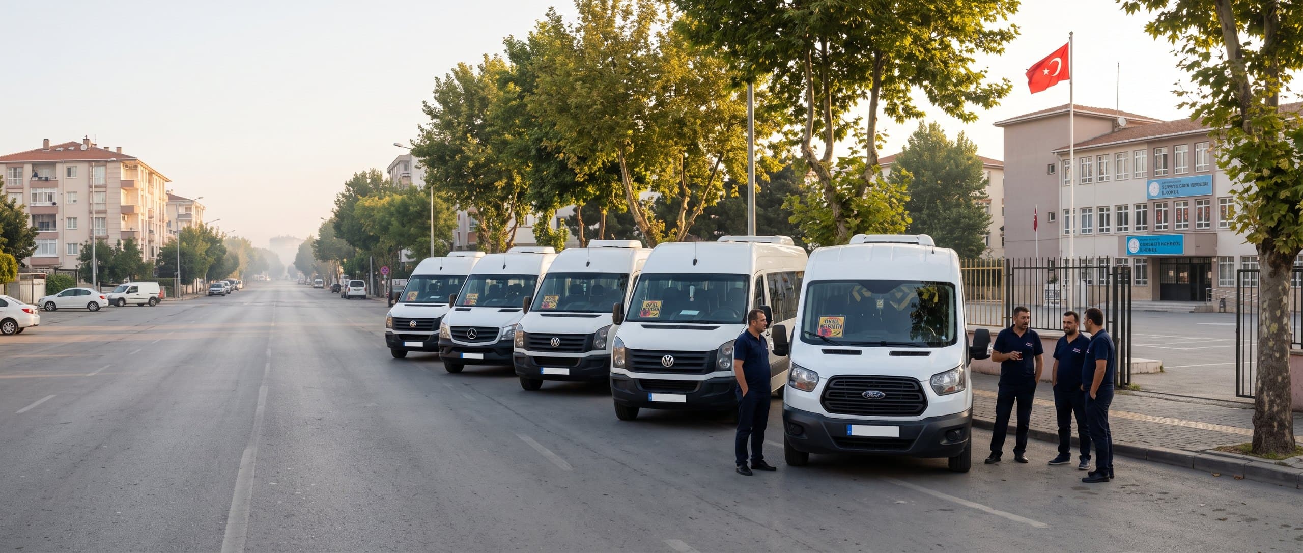 Okul önünde sıralanmış beyaz okul servisleri ve şoförler