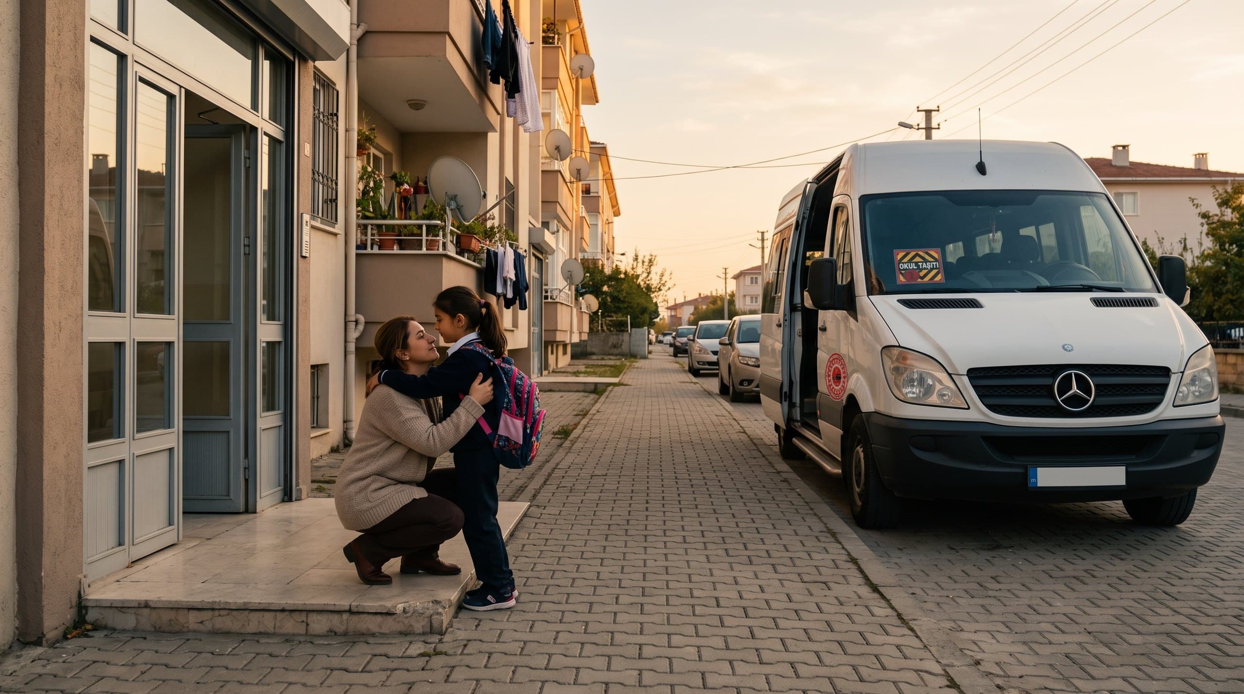 Servisten inen kız öğrenciyi annesi kapıda karşılıyor