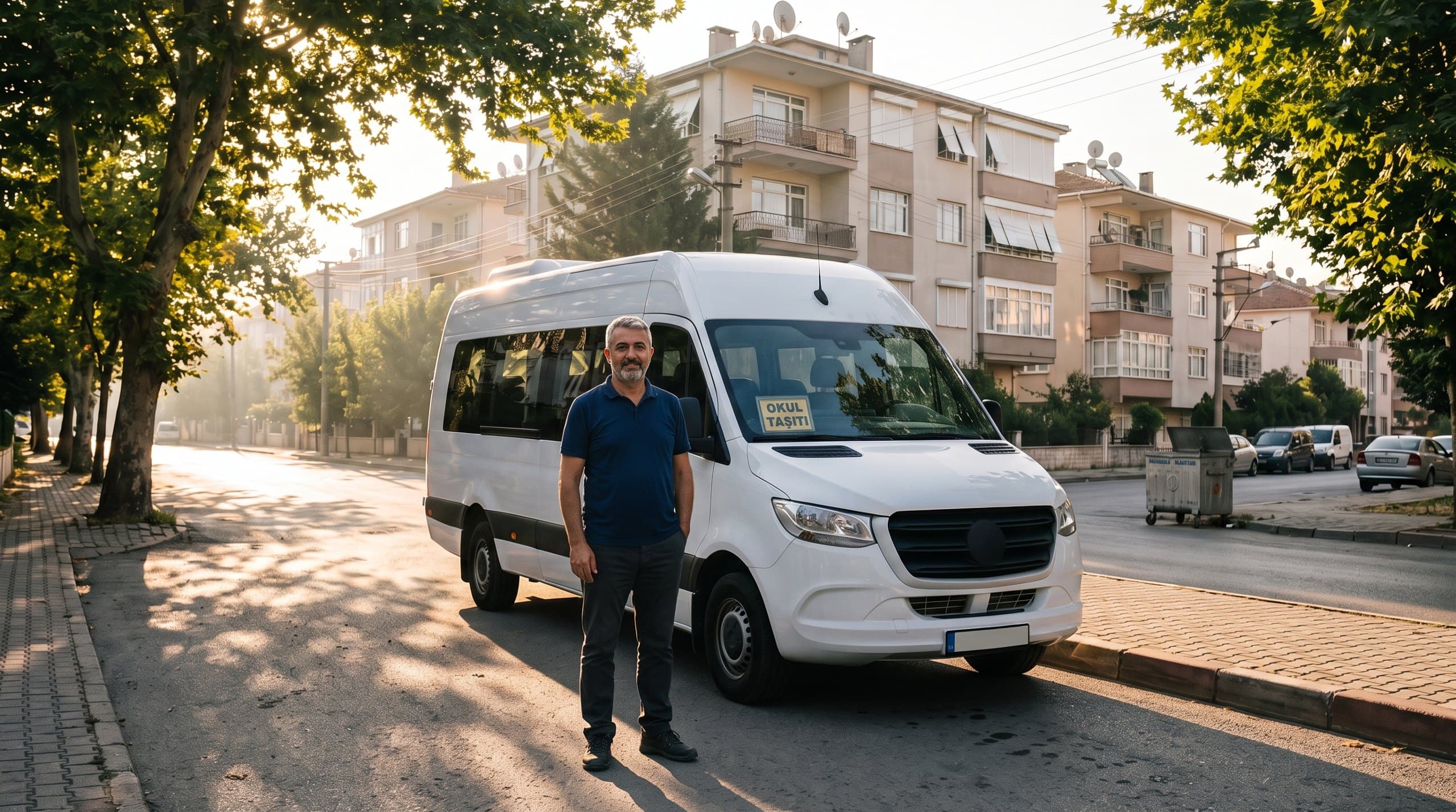 Kooperatif şoförü, okul taşıtı levhalı servis aracının yanında